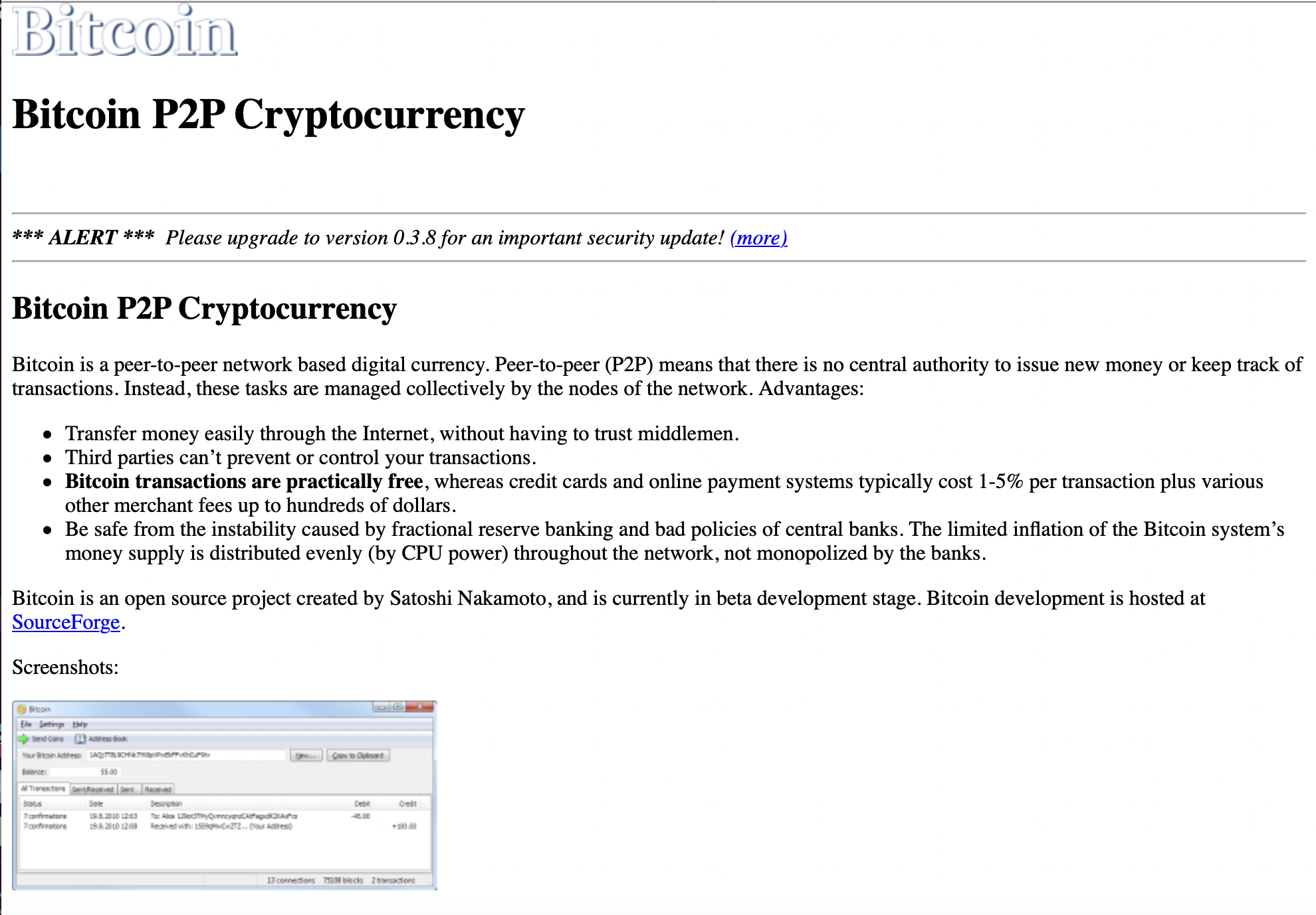 Bitcoin.org back in 2010 exemplified the Web 1.0 look