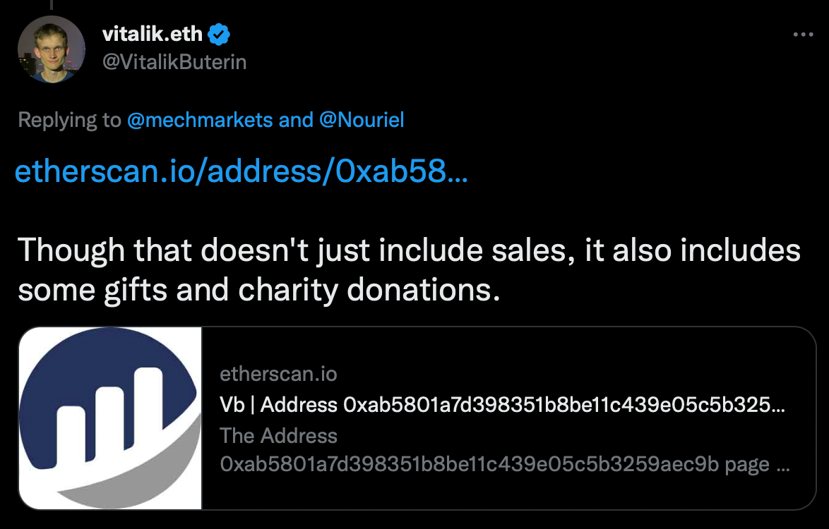 Screenshot of the Tweet where Vitalik Buterin revealed his ETH public address through a tweet on Twitter