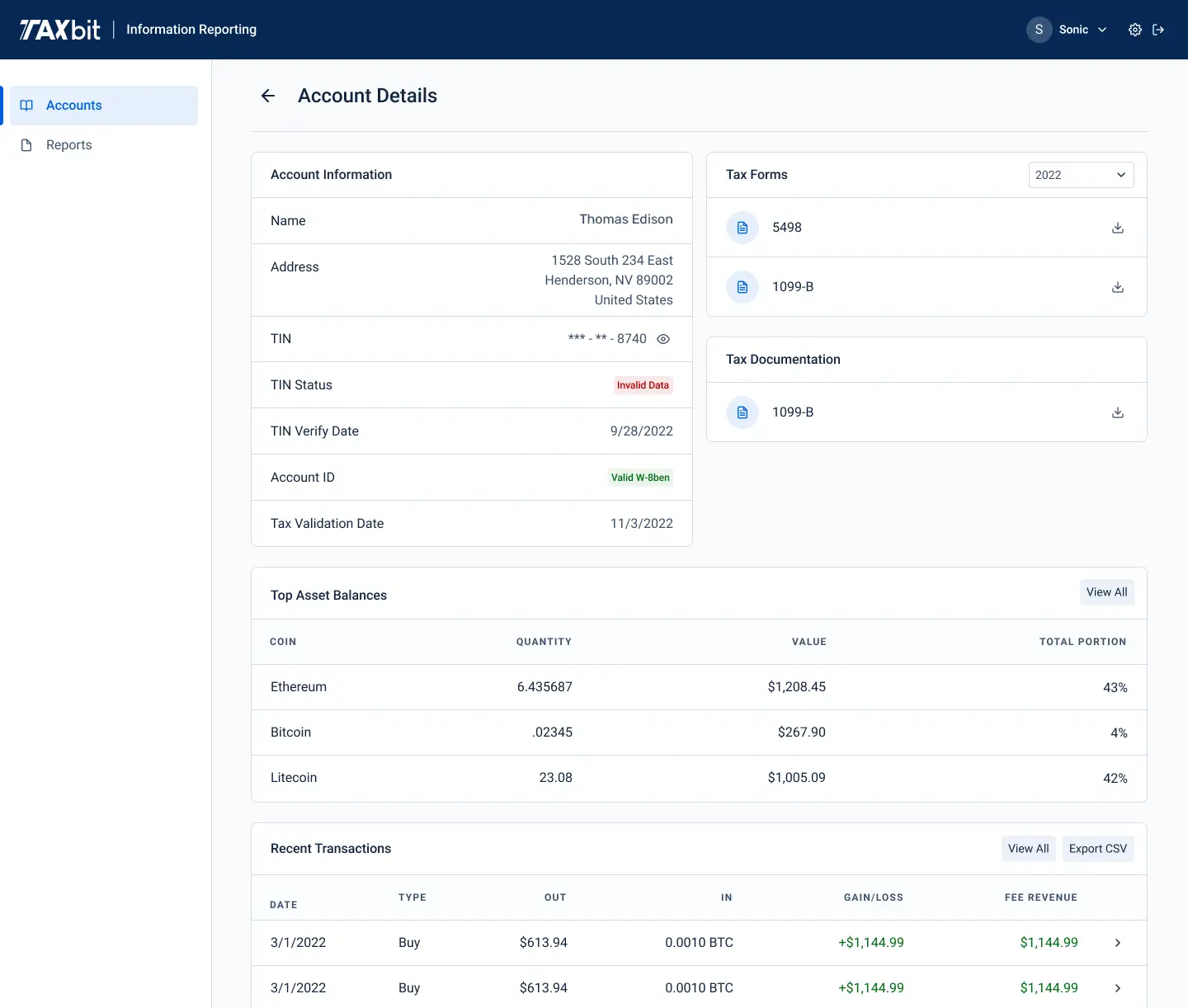 Image of TaxBit’s dashboard with sample data