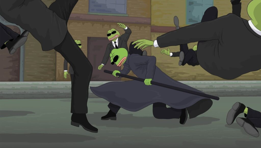 Pepe meme showing Pepe as a character fighting other figures.